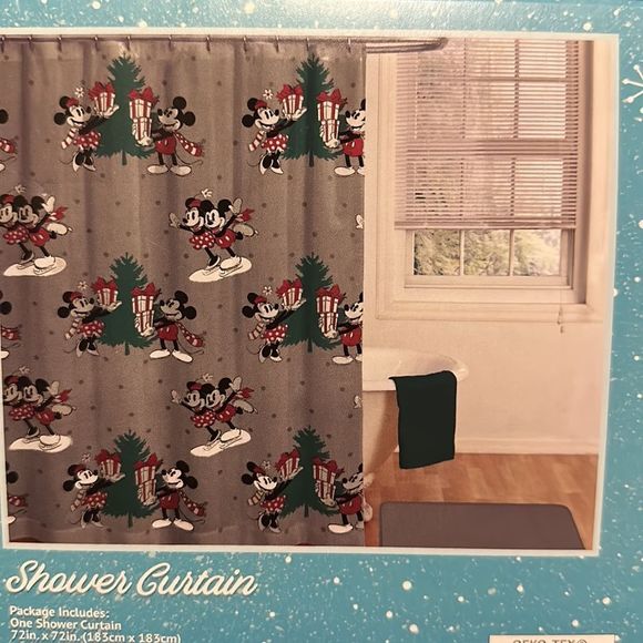 Disney Mickey and Minnie Gray Christmas Ice Skating Shower Curtain - Picture 5 of 6